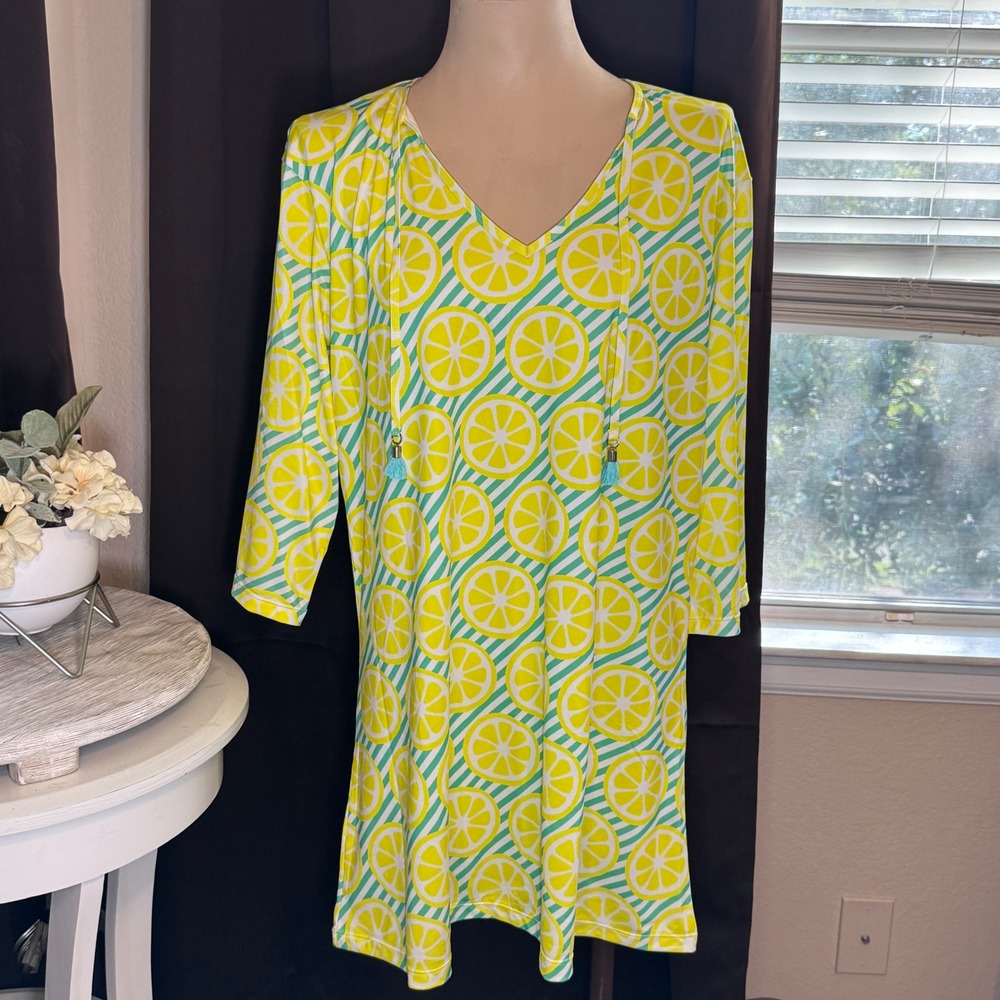 Viv & Lou Lemon Print Tunic Swim Cover-Up Yellow Green V-Neck Tassel L/XL NEW